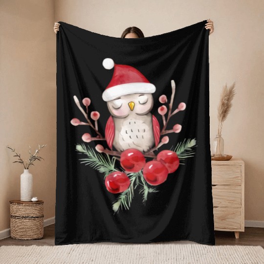 Santa Owl Christmas Santa Hat Throw Blankets