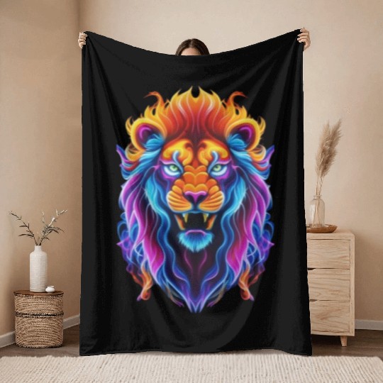 Roaring Spectrum: Colorful Lion Face Throw Blankets