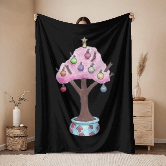 Christmas Cherry Tree Japanese Throw Blankets
