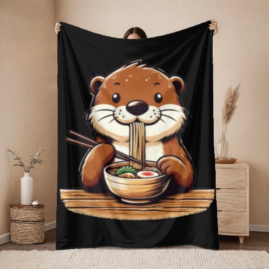 Sweet Otter Eats Ramen Noodles Otters Ramen Throw Blankets