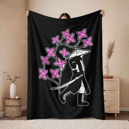 Samurai Sakura Tree Chinese Warrior Gift Throw Blankets