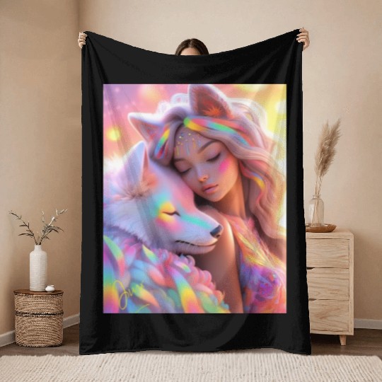 Rainbow Friends - White Wolf and Girl Throw Blankets