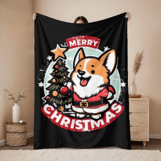 Retro Christmas Corgi Gifts For Dog Lovers Throw Blankets