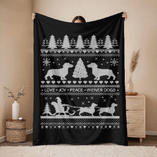 Dachshund Lover Funny Holiday Ugly Christmas Theme Throw Blankets