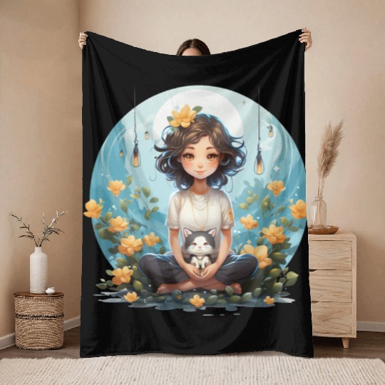 A cute kawaii style yoga pose with a smiling face Throw Blankets