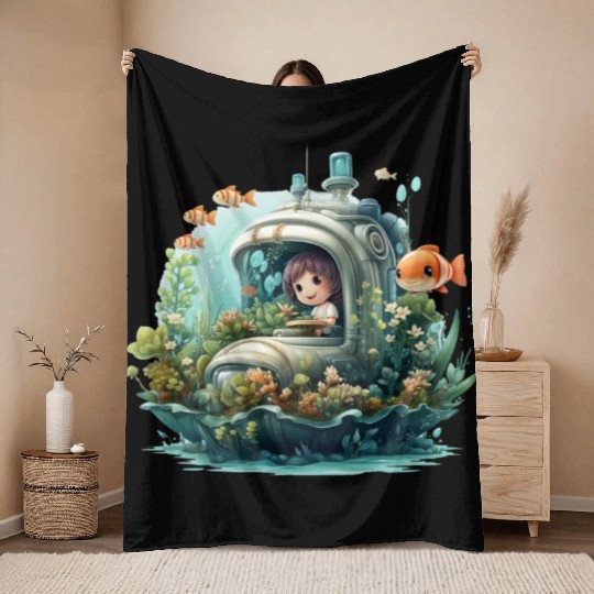 A delightful kawaii book submarine exploring Throw Blankets