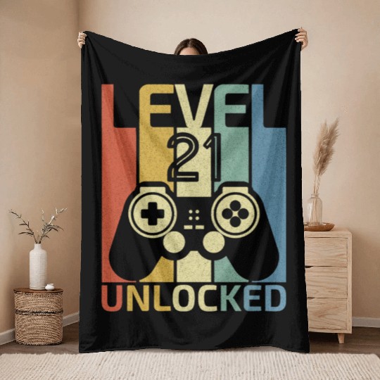 Level 21 Unlocked Funny Video Gamer 21st Birthday Throw Blankets