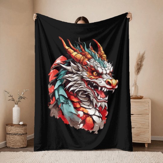 Chinese Dragon Head Throw Blankets design