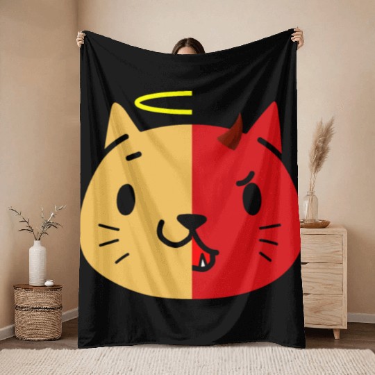 Two Face Cat Angel And Devil Throw Blankets
