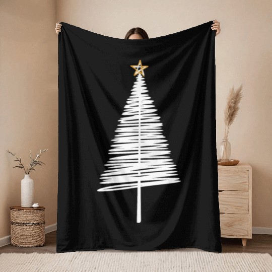 White Christmas Tree Brushstroke with Golden Star Throw Blankets