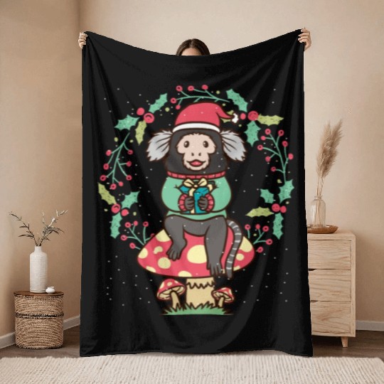 Marmoset Monkey On Mushroom Christmas Wreath Throw Blankets