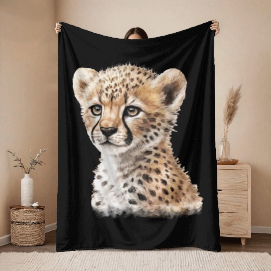 Baby Cheetah Aesthetic Watercolor Painting Throw Blankets