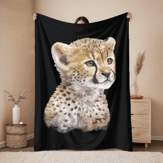 Baby Cheetah Art Watercolor Painting Portrait Throw Blankets