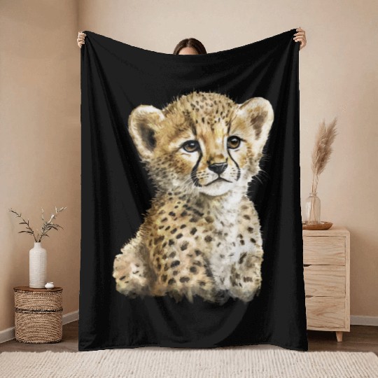 Cheetah Baby Watercolor Painting Portrait Throw Blankets