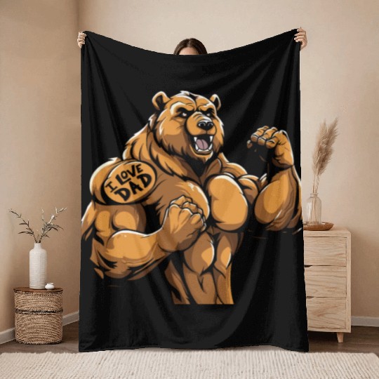 Brown Bear Biceps Tattoo I Love Dad Throw Blankets