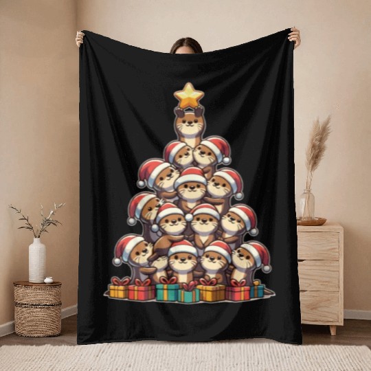 Otter Christmas Tree Merry Christmas Throw Blankets