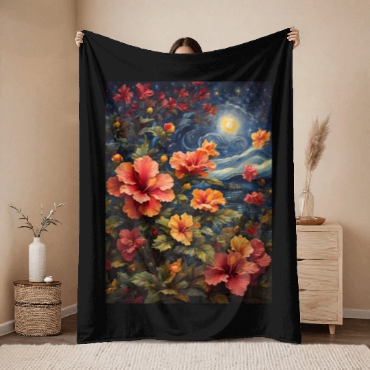 Colorful Hibiscus Under Starry Night Sky Throw Blankets