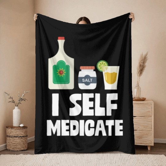 I Self Medicate Tequila Bottle Lime Salt Shot Pun Throw Blankets