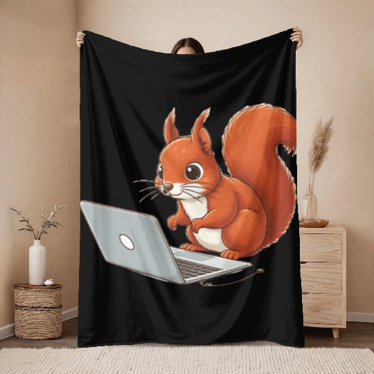 Squirrel on laptop Throw Blankets