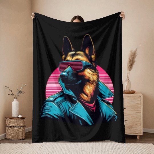 Funny trendy german shepherd cyber retro portrait Throw Blankets
