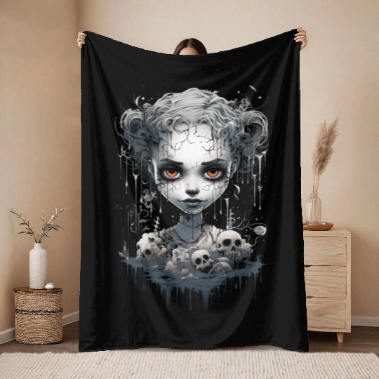 Gothic Girl Halloween Fantasy Dark Throw Blankets