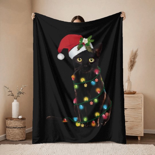 Santa Black Cat Tangled Sup In Christmas Throw Blankets