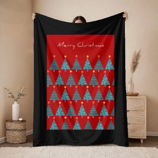 Merry Christmas Teal Christmas Trees on Red Throw Blankets