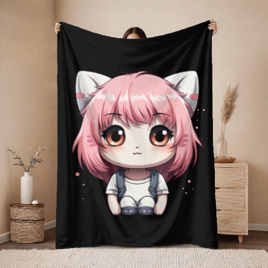 kawaii cat face with cat head Throw Blankets