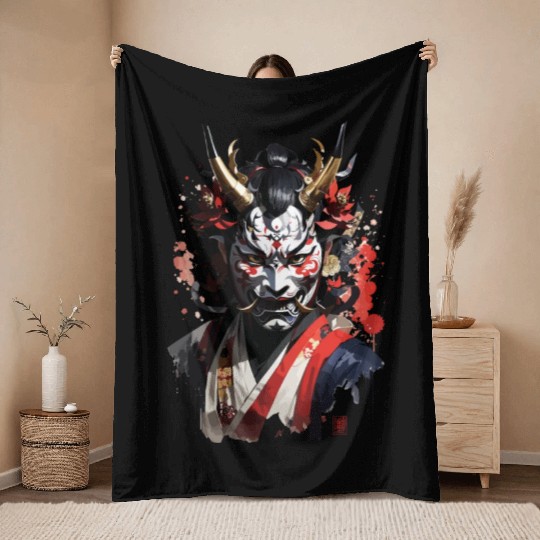 Fantasy Japanese Yokai Oni Monster Samurai Mask Throw Blankets