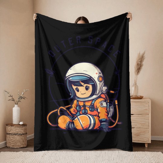 Orange and Black Astronaut Illustrative Outer Spac Throw Blankets