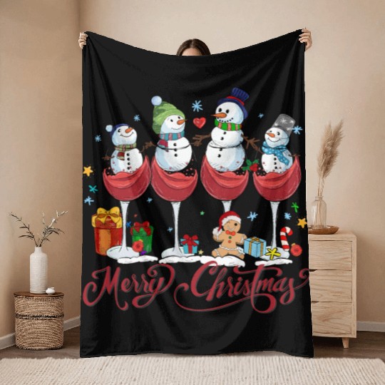 Red Wine Glasses with Snow Men Funny Christmas Throw Blankets