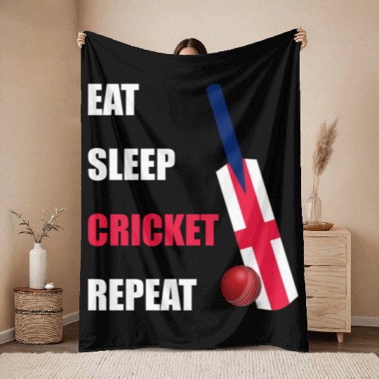 Eat Sleep Cricket Repeat England Flag Cricket Bat Throw Blankets
