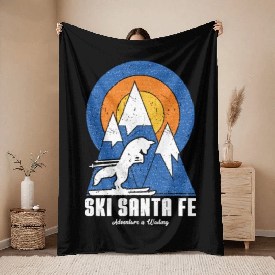 Retro Ski Santa Fe White Fox Throw Blankets