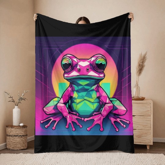 Geometric Synthwave Frog Throw Blankets