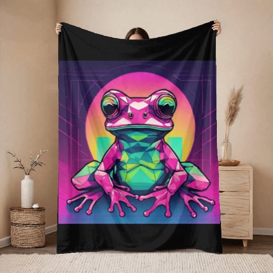 Geometric Synthwave Frog Throw Blankets