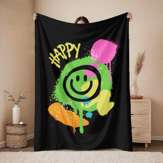Green Black Graffiti Face Throw Blankets