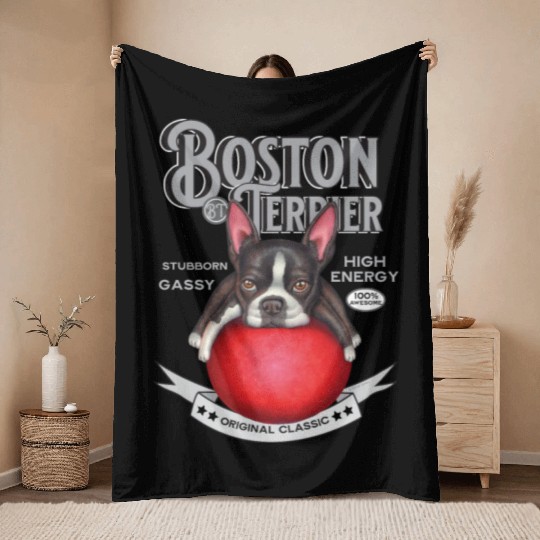 Vintage Boston Terrier on Red Ball Throw Blankets