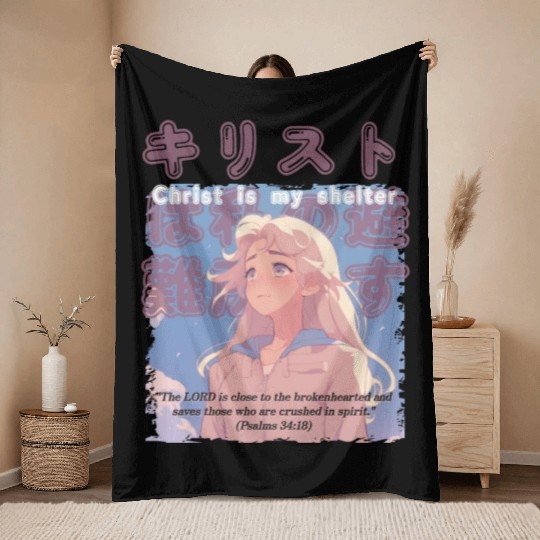 Christian Manga with Kanjis - Christ is My Shelter Throw Blankets