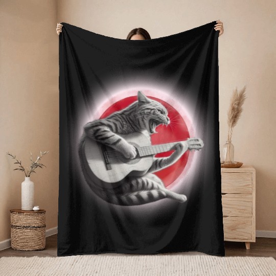 Rock Cat Playing Guitar Throw Blankets under the red moon