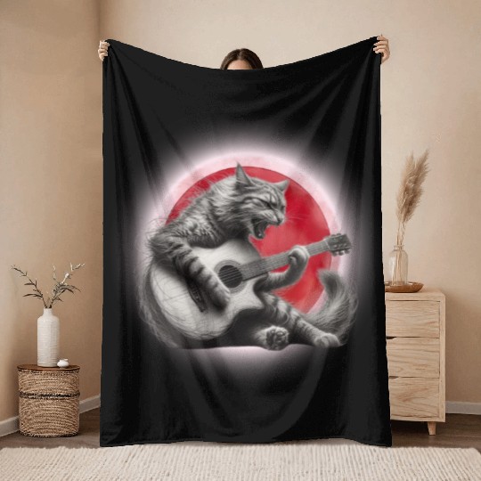 Rock Cat Playing Guitar Throw Blankets under the red moon