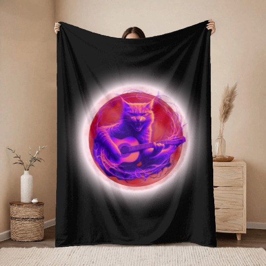 Rock Cat Playing Guitar Throw Blankets under the red moon