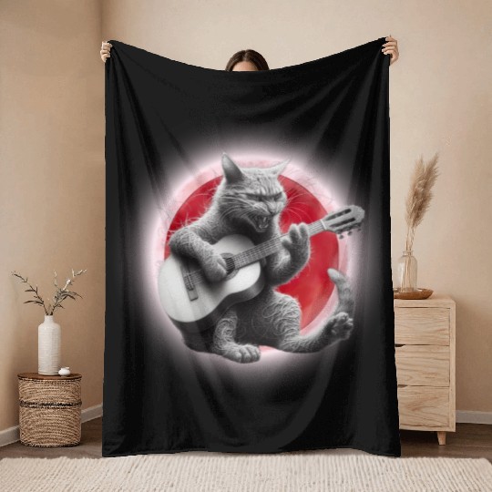 Rock Cat Playing Guitar Throw Blankets under the red moon