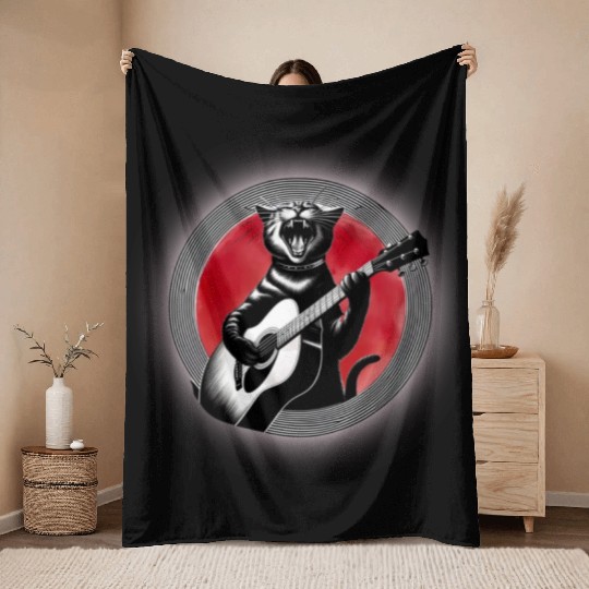 Rock Cat Playing Guitar Throw Blankets under the red moon