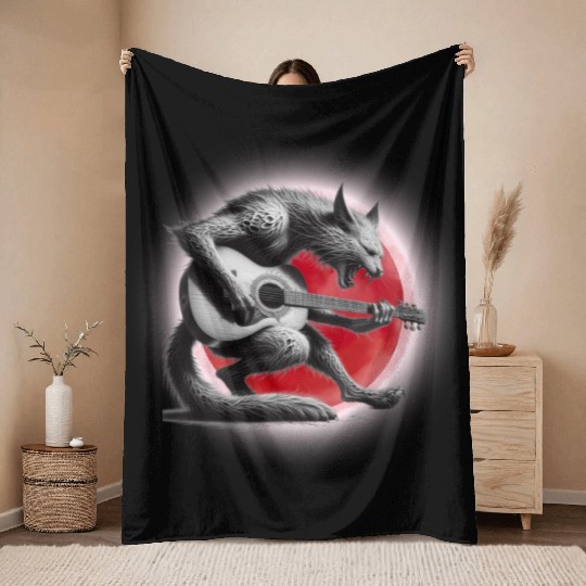 Rock Cat Playing Guitar Throw Blankets under the red moon