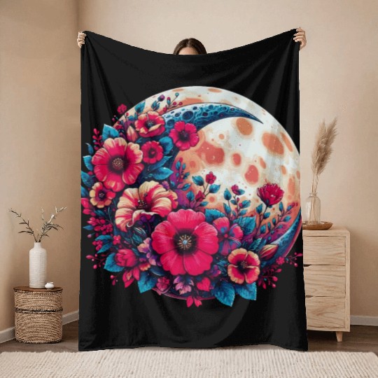 Floral Moon - Crescent Moon Wildflower Botanical Throw Blankets