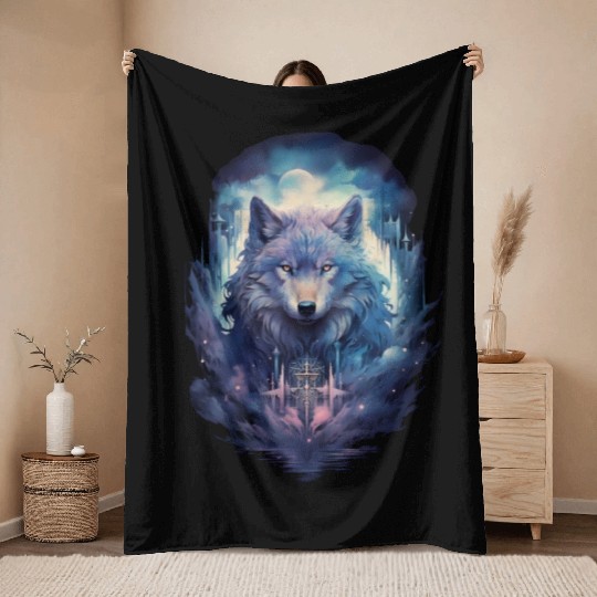 Mystic Moon Wolf Guardian Throw Blankets