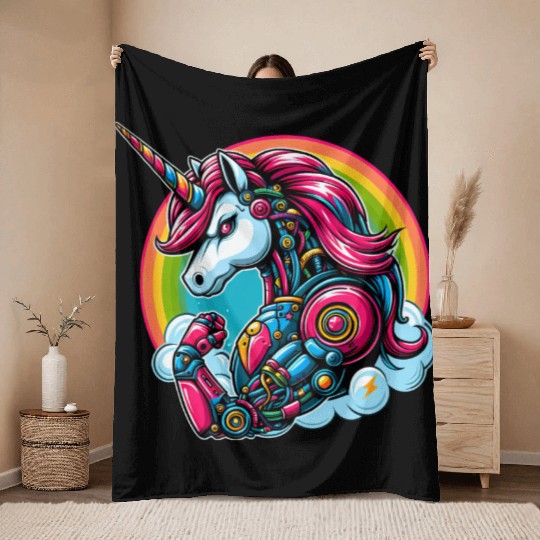 Unicorn Robot Cyborg Rainbow Science Fiction Throw Blankets