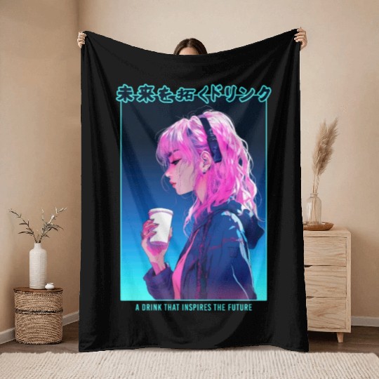 Vaporwave Cyber Anime Girl Japanese Aesthetic Punk Throw Blankets