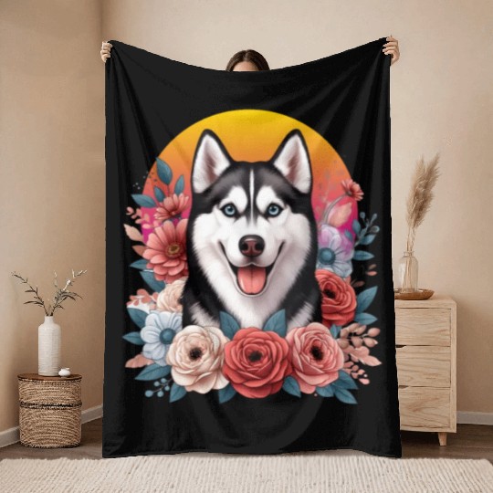Husky dog with floral backdrop Throw Blankets