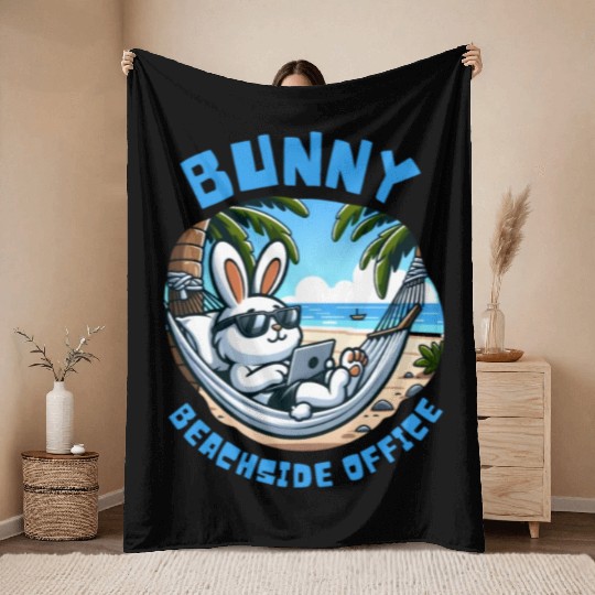 Bunny Beachside Office: Work and Waves Throw Blankets
